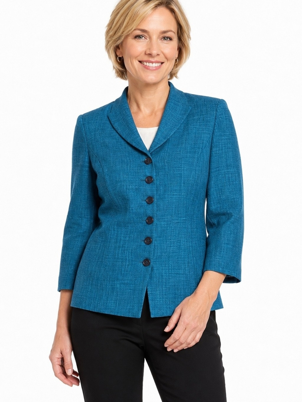 Dorby Petite 8P Women's Teal Blue Blazer Jacket 3/4 Sleeve Button Front Textured